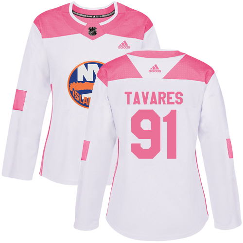 Adidas New York Islanders #91 John Tavares White/Pink Authentic Fashion Women's Stitched Jersey Womens