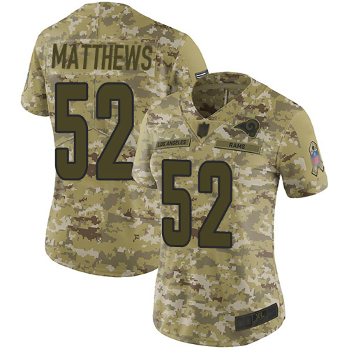 Los Angeles Rams #52 Clay Matthews Camo Women's Stitched Limited 2018 Salute to Service Jersey Womens