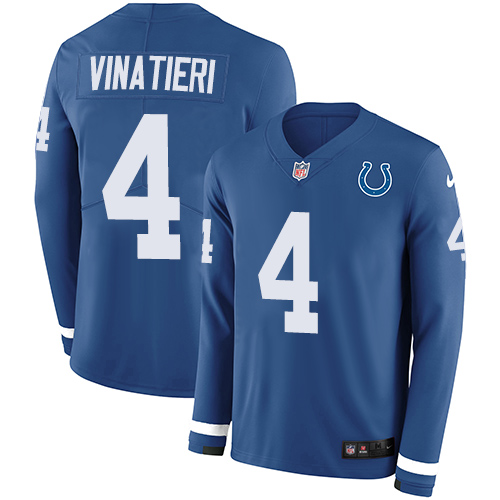Indianapolis Colts #4 Adam Vinatieri Royal Blue Team Color Men's Stitched Limited Therma Long Sleeve Jersey Men's