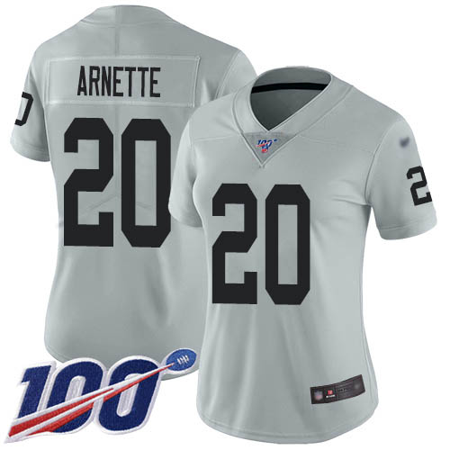 Las Vegas Raiders #20 Damon Arnette Silver Women's Stitched Limited Inverted Legend 100th Season Jersey Womens