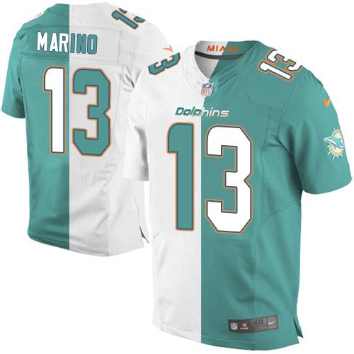 Dolphins #13 Dan Marino Aqua Green/White Men's Stitched Elite Split Jersey