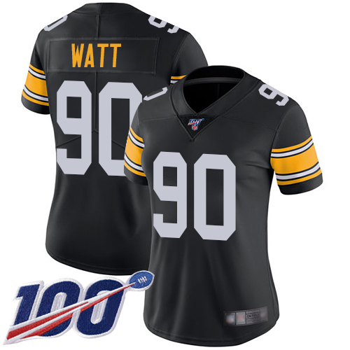 Steelers #90 T. J. Watt Black Alternate Women's Stitched 100th Season Vapor Limited Jersey