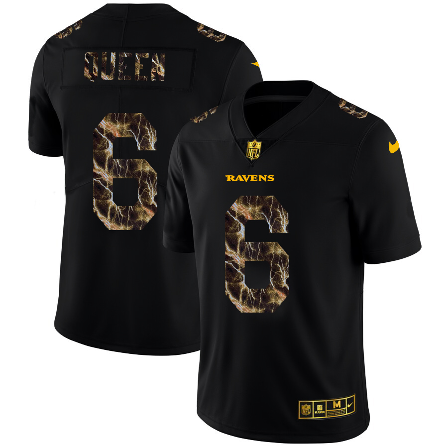 Baltimore Ravens #6 Patrick Queen Men's Black Flocked Lightning Vapor Limited Jersey