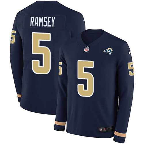 Rams #5 Jalen Ramsey Navy Blue Team Color Men's Stitched Limited Therma Long Sleeve Jersey