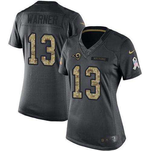 Los Angeles Rams #13 Kurt Warner Black Women's Stitched Limited 2016 Salute to Service Jersey Womens