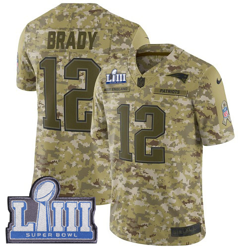 Patriots #12 Tom Brady Camo Super Bowl LIII Bound Men's Stitched Limited 2018 Salute To Service Jersey