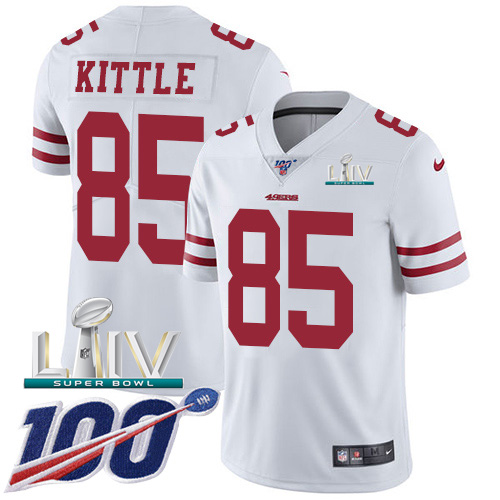 49ers #85 George Kittle White Super Bowl LIV 2020 Youth Stitched 100th Season Vapor Limited Jersey