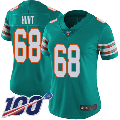 Miami Dolphins #68 Robert Hunt Aqua Green Alternate Women's Stitched 100th Season Vapor Untouchable Limited Jersey Womens