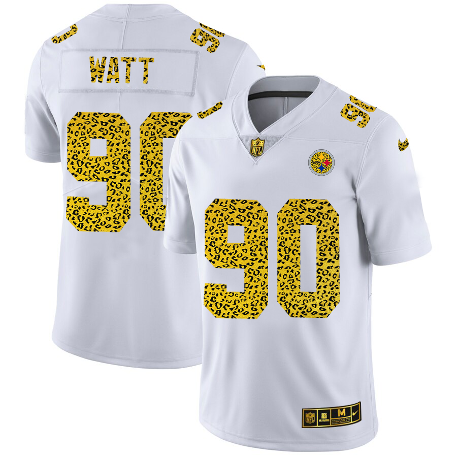 Pittsburgh Steelers #90 T.J. Watt Men's Flocked Leopard Print Vapor Limited Jersey White