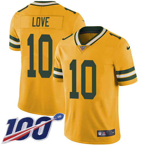 Packers #10 Jordan Love Yellow Men's Stitched Limited Rush 100th Season Jersey