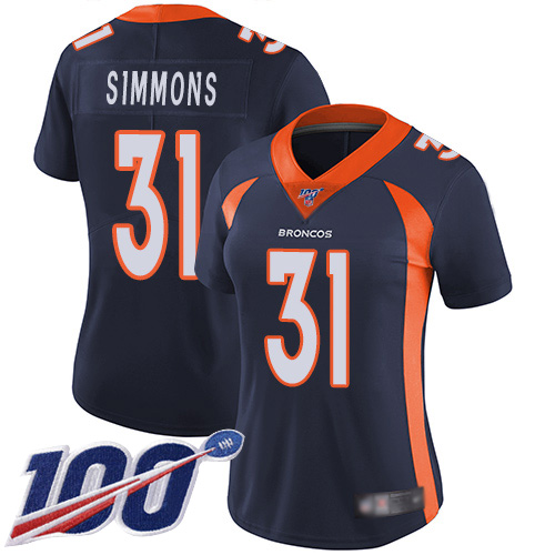 Broncos #31 Justin Simmons Navy Blue Alternate Women's Stitched 100th Season Vapor Limited Jersey
