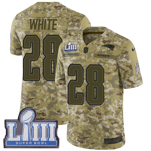 New England Patriots #28 James White Camo Super Bowl LIII Bound Youth Stitched Limited 2018 Salute to Service Jersey Youth