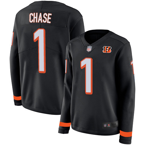 Bengals #1 Ja'Marr Chase Black Team Color Women's Stitched Limited Therma Long Sleeve Jersey