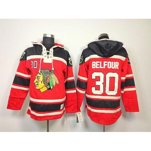 Chicago Blackhawks #30 ED Belfour Red Sawyer Hooded Sweatshirt Stitched Jersey Men's