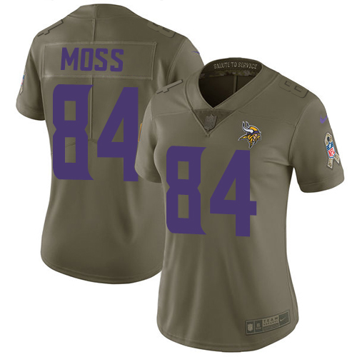 Vikings #84 Randy Moss Olive Women's Stitched Limited 2017 Salute To Service Jersey