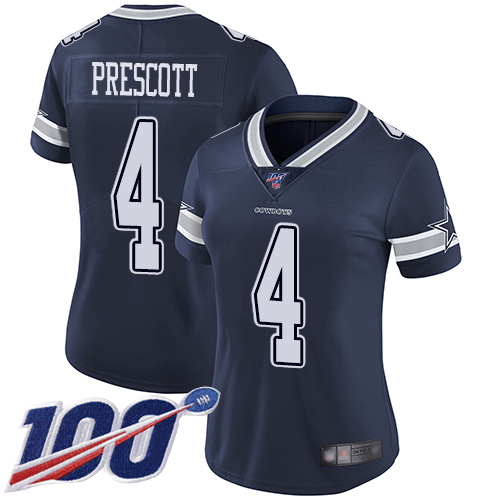 Cowboys #4 Dak Prescott Navy Blue Team Color Women's Stitched 100th Season Vapor Limited Jersey
