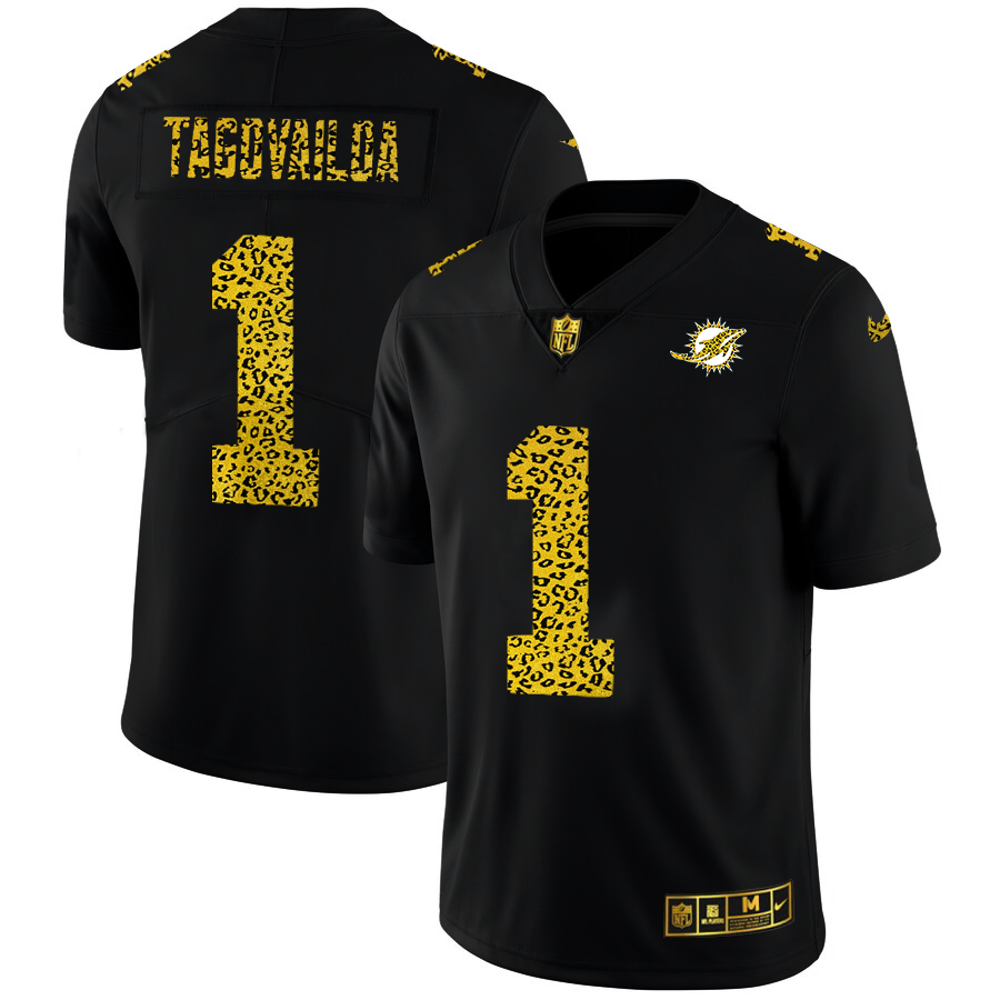 Miami Dolphins #1 Tua Tagovailoa Men's Leopard Print Fashion Vapor Limited Jersey Black