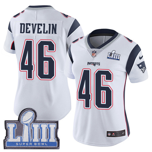 New England Patriots #46 James Develin White Super Bowl LIII Bound Women's Stitched Vapor Untouchable Limited Jersey Womens