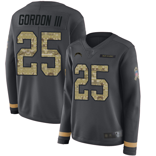 Los Angeles Chargers #25 Melvin Gordon III Anthracite Salute to Service Women's Stitched Limited Therma Long Sleeve Jersey Womens