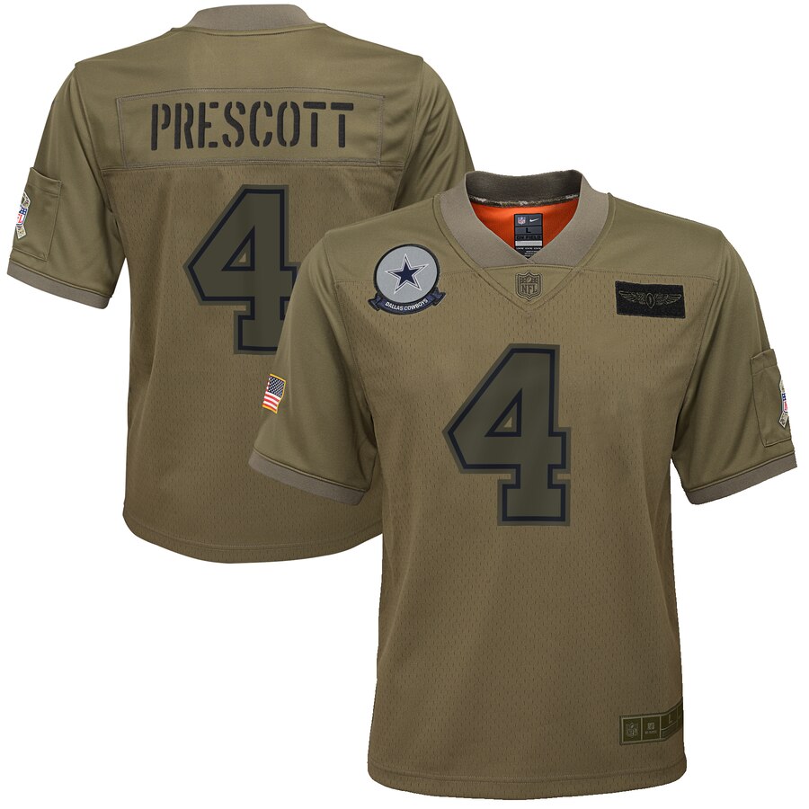 Youth Dallas Cowboys #4 Dak Prescott Camo 2019 Salute To Service Game Jersey