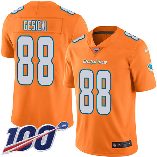 Dolphins #88 Mike Gesicki Orange Youth Stitched Limited Rush 100th Season Jersey