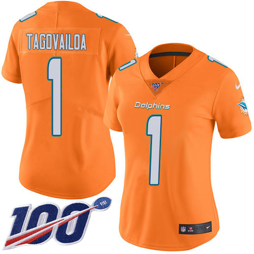 Dolphins #1 Tua Tagovailoa Orangen Women's Stitched Limited Rush 100th Season Jersey