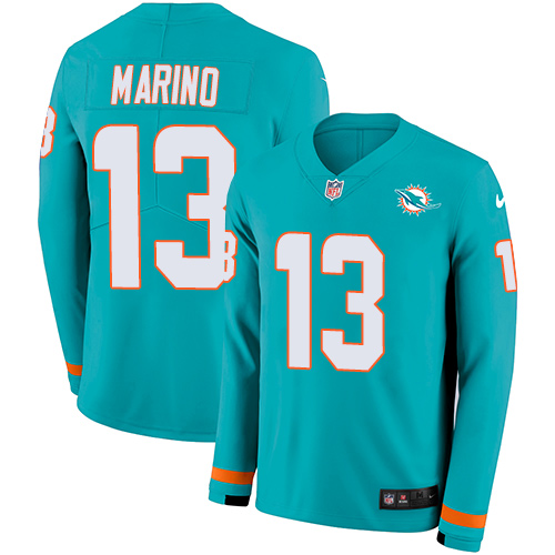 Dolphins #13 Dan Marino Aqua Green Team Color Men's Stitched Limited Therma Long Sleeve Jersey