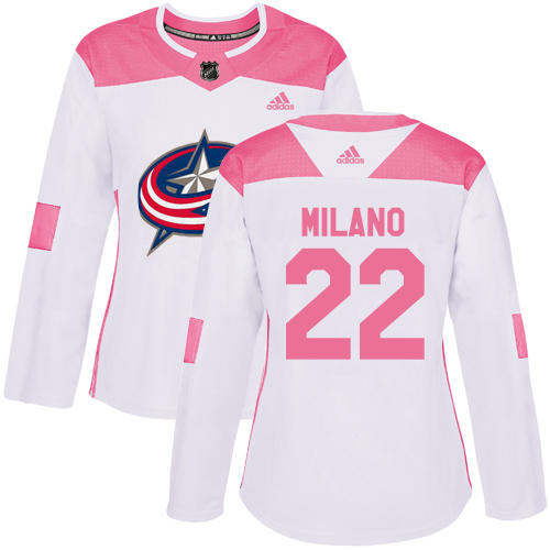 Adidas Columbus Blue Jackets #22 Sonny Milano White/Pink Authentic Fashion Women's Stitched Jersey Womens
