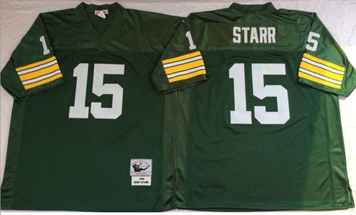 Mitchell And Ness 1969 Packers #15 Bart Starr Green Throwback Stitched Jersey