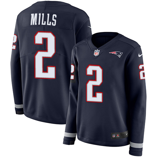 Patriots #2 Jalen Mills Navy Blue Team Color Women's Stitched Limited Therma Long Sleeve Jersey
