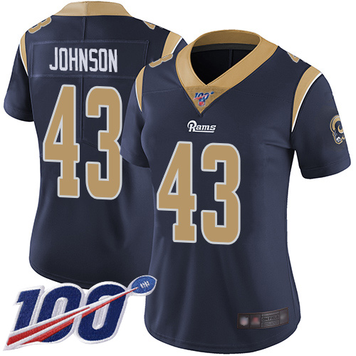 Los Angeles Rams #43 John Johnson Navy Blue Team Color Women's Stitched 100th Season Vapor Limited Jersey Womens