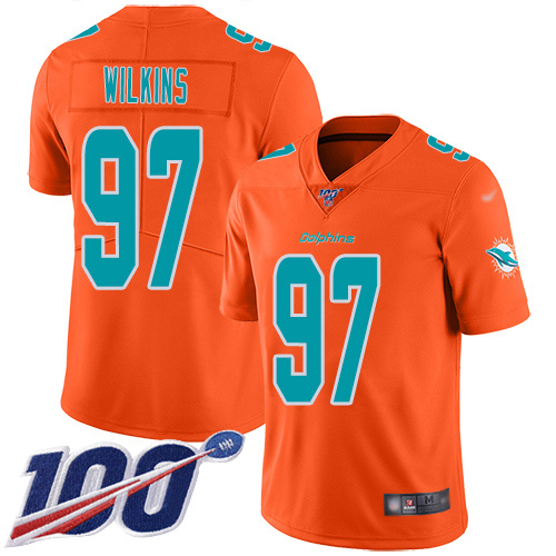 Miami Dolphins #97 Christian Wilkins Orange Men's Stitched Limited Inverted Legend 100th Season Jersey Men's
