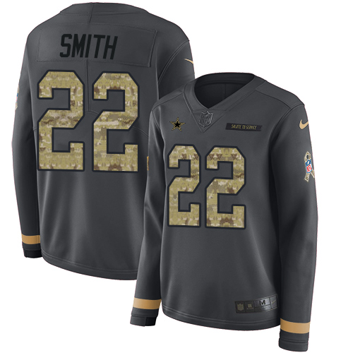 Cowboys #22 Emmitt Smith Anthracite Salute To Service Women's Stitched Limited Therma Long Sleeve Jersey