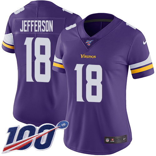 Vikings #18 Justin Jefferson Purple Team Color Women's Stitched 100th Season Vapor Untouchable Limited Jersey