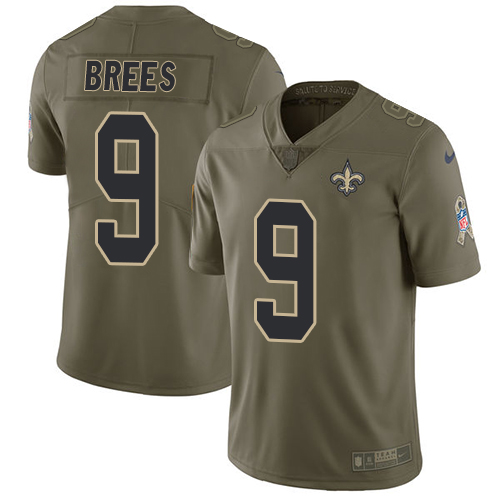 Saints #9 Drew Brees Olive Youth Stitched Limited 2017 Salute To Service Jersey