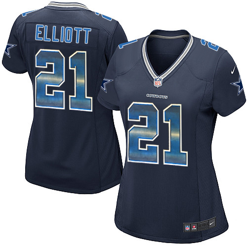 Cowboys #21 Ezekiel Elliott Navy Blue Team Color Women's Stitched Elite Strobe Jersey