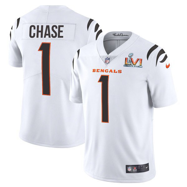 Cincinnati Bengals #1 Ja'Marr Chase White Super Bowl LVI Patch Youth Vapor Limited Jersey