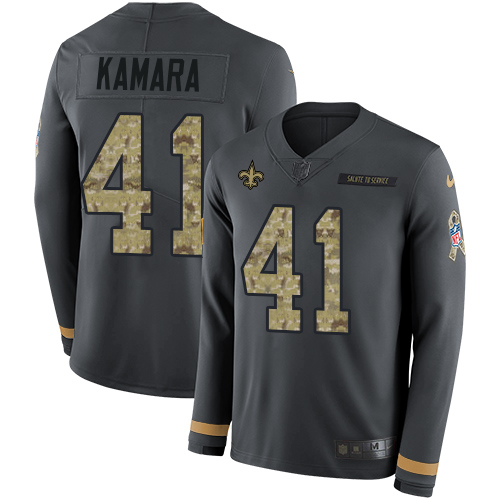 Saints #41 Alvin Kamara Anthracite Salute To Service Youth Stitched Limited Therma Long Sleeve Jersey