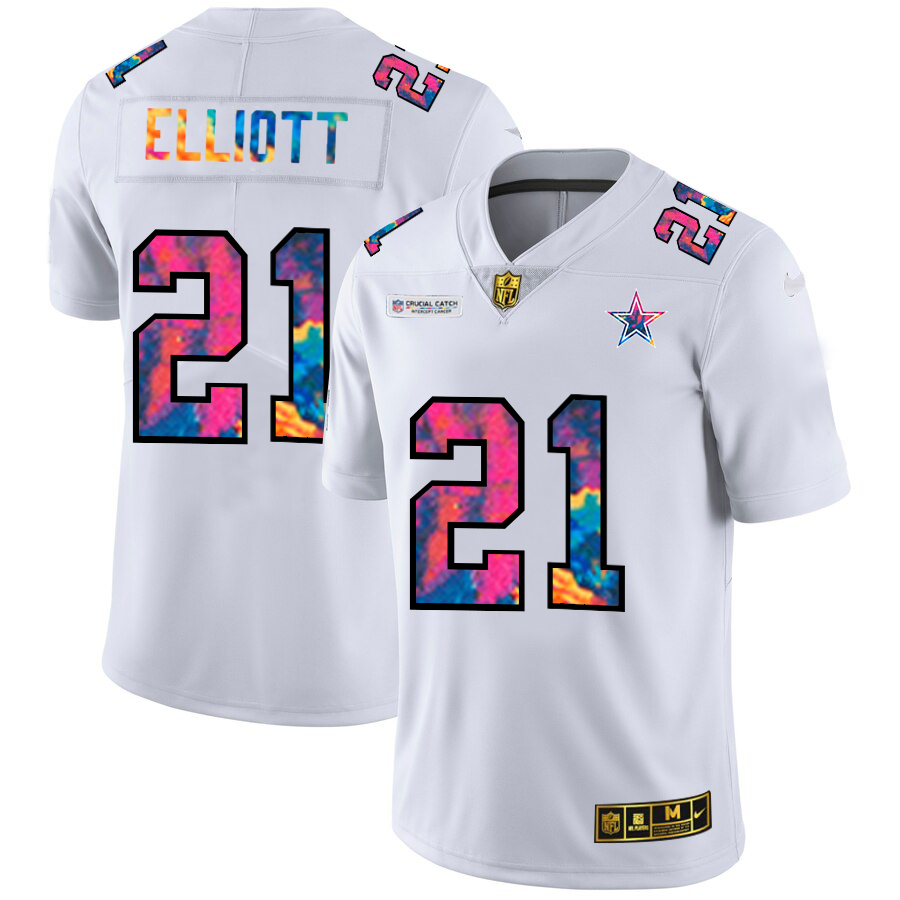 Dallas Cowboys #21 Ezekiel Elliott Men's White Multi-Color 2020 Crucial Catch Limited Jersey