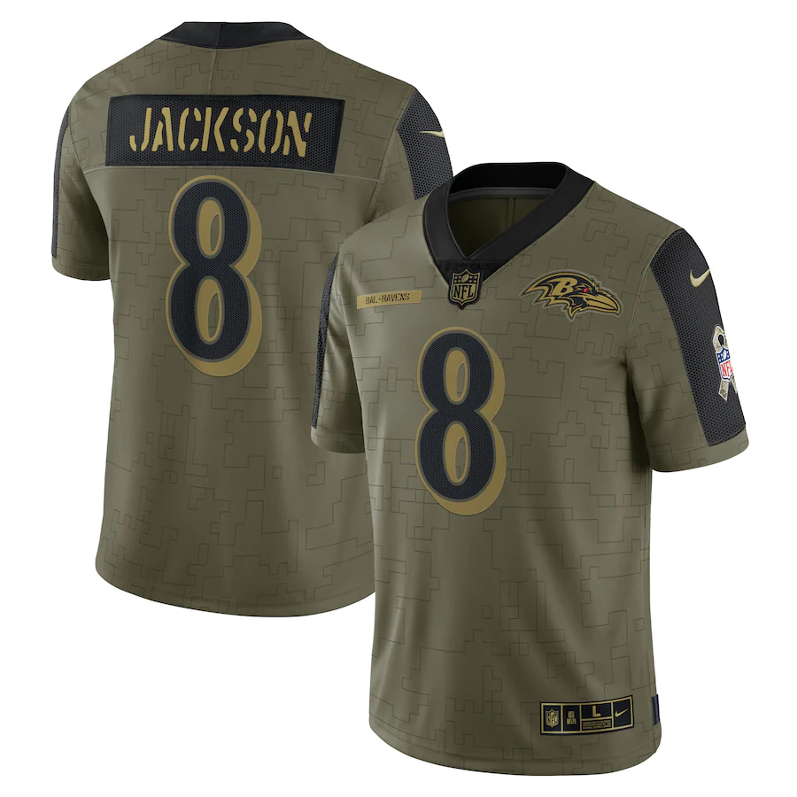 Baltimore Ravens #8 Lamar Jackson Olive 2021 Salute To Service Limited Player Jersey