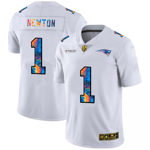 New England New England Patriots #1 Cam Newton Men's White Multi-Color 2020 Crucial Catch Limited Jersey Men's