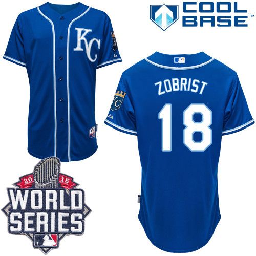 Kansas City Royals #18 Ben Zobrist Blue Alternate 2 Cool Base W/2015 World Series Patch Stitched Jersey Men's