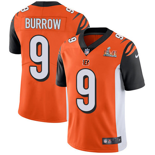 Bengals #9 Joe Burrow Orange Alternate Super Bowl LVI Patch Men's Stitched Vapor Untouchable Limited Jersey