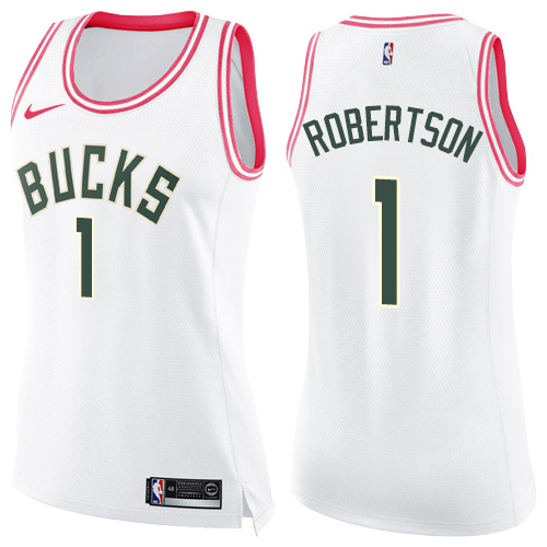 Milwaukee Bucks #1 Oscar Robertson White/Pink Womens Swingman Fashion Jersey Womens