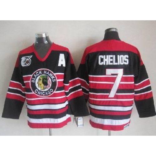 Chicago Blackhawks #7 Chris Chelios Red/Black 75TH CCM Stitched Jersey Men's