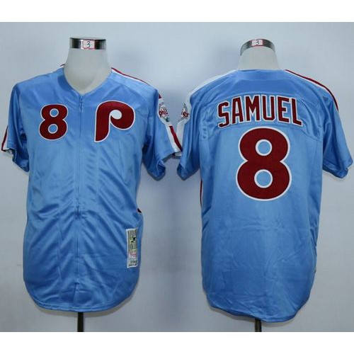 Mitchell And Ness 1984 Philadelphia Phillies #8 Juan Samuel Blue Throwback Stitched Jersey Men's