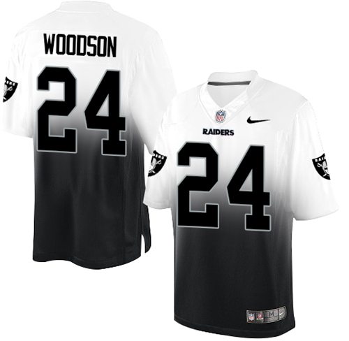 Raiders #24 Charles Woodson White/Black Men's Stitched Elite Fadeaway Fashion Jersey