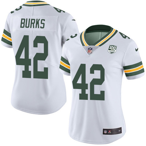 Green Bay Packers #42 Oren Burks White Women's 100th Season Stitched Vapor Untouchable Limited Jersey Womens