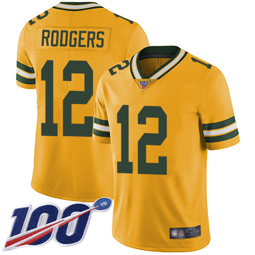 Packers #12 Aaron Rodgers Yellow Men's Stitched Limited Rush 100th Season Jersey