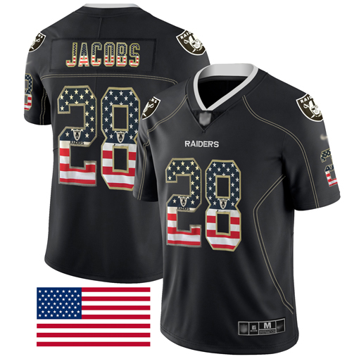 Raiders #28 Josh Jacobs Black Men's Stitched Limited Rush USA Flag Jersey